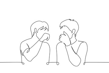 men laughing or whispering together, covering their mouths with their hands - one line vector. friends whisper, colleagues gossip, brothers laugh, flirting, couple