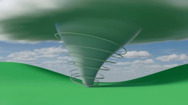 Stylized green tornado vortex spinning in a serene landscape with fluffy clouds and rolling hills