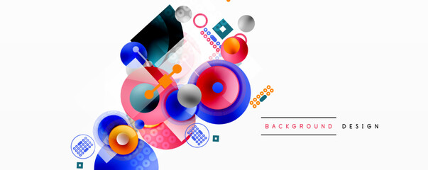 Abstract geometric shapes, vibrant colors, dynamic composition. Modern design elements create playful visual experience.