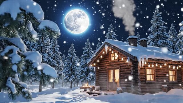 Cozy log cabin interior with Christmas decorated fireplace, snowy forest view, seamless loop