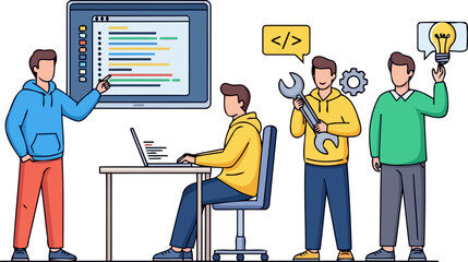 collaborative tech team crafting innovative software, from concept to deployment, isolated on transparent background