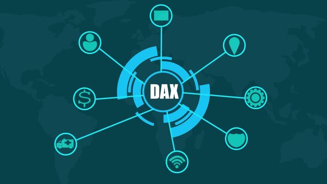 Blue Digital Network Hub with DAX Text and World Map Background stock market finance