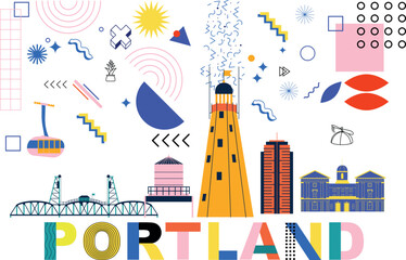 Typography word "Portland" branding technology concept. Collection of flat vector web icons. Culture travel Memphis set, famous architectures, specialties detailed silhouette. American famous landmark