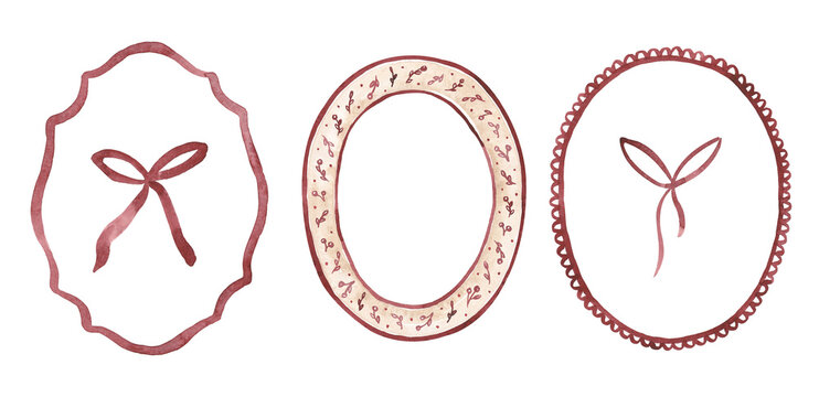 Vintage frames with burgundy, beige branches and lines. Royal style frames design hand drawn with watercolor. Elegant oval frames set for card, banner, invitation, logo