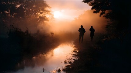 Fototapeta premium Silhouetted figures walk through a misty forest path at sunrise