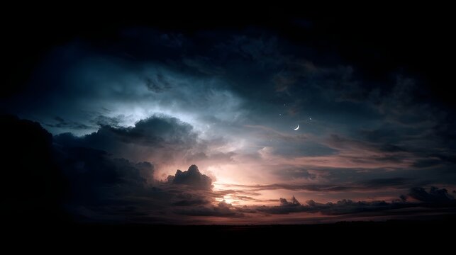 A dramatic twilight sky with stormy clouds a crescent moon and distant stars