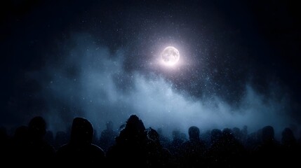 Silhouetted crowd gazes up at a bright full moon through falling snow at night