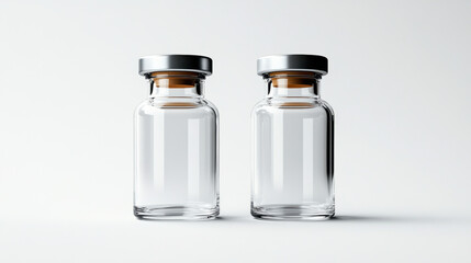 Two empty glass vaccine vials on a white background, ready for medical use. clear vials are ready to be filled with medicine or vaccines for medical purposes.