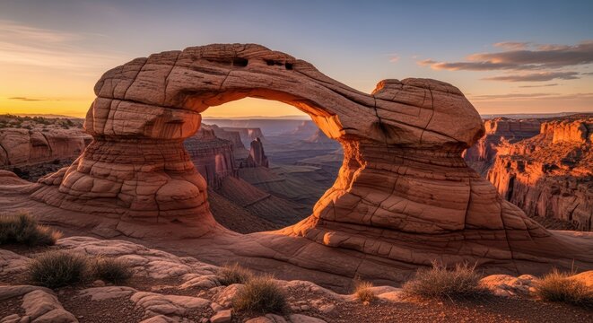 Sunset at delicate arch in arches national park with scenic desert landscape - Powered by Adobe
