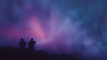 Fototapeta premium Two silhouettes observe a colorful nebula in the night sky with gentle rain
