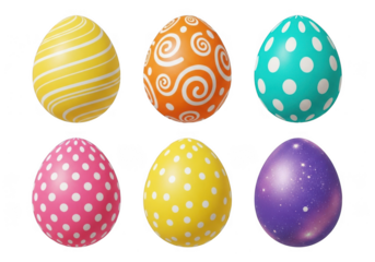 Six colorful easter eggs with various patterns, isolated on transparent background grainy