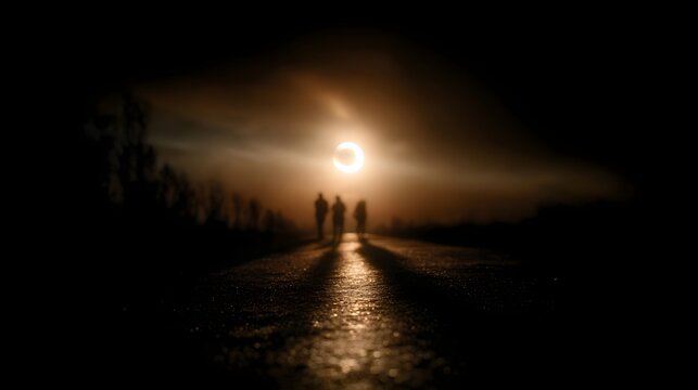 Three silhouetted figures walk down a wet reflective path towards a bright ring like celestial event creating a mysterious and atmospheric scene