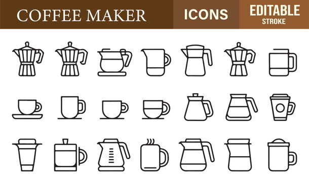 Line art collection of coffee brewing tools, mugs, and equipment for barista and café graphics.