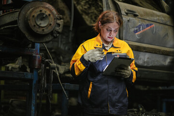 Female hispanic technician inspect used car damaged part at scrap yard warehouse recycle area....
