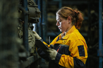 Female hispanic technician inspect used car damaged part at scrap yard warehouse recycle area....