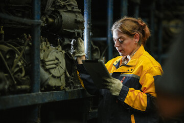 Female hispanic technician inspect used car damaged part at scrap yard warehouse recycle area....