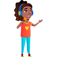 Young African American girl with headphones singing into a microphone wearing a yellow heart shirt blue pants and sneakers on a transparent background