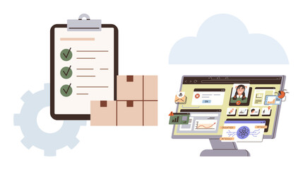 Checklist clipboard with checkmarks, stacked boxes, and computer desktop interface. Ideal for logistics, supply chain, online management, productivity, task tracking workflow and e-commerce. Simple