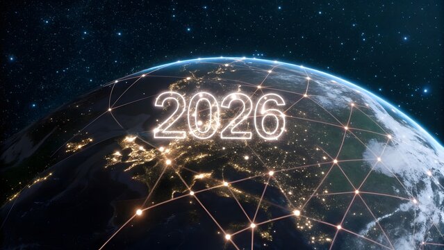 Rotating Globe of Earth with Glowing 2026 Number - Powered by Adobe