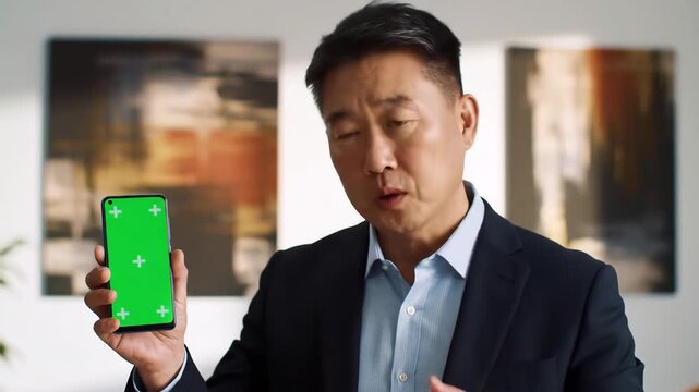 Professional Asian Man in Suit Holding Smartphone with Green Screen for Mockup Displaying Mobile App or Website in Modern Office Environment. - Powered by Adobe