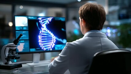 Back view of scientist at workstation with clear focused luminous genetic helix and digital interface, with copy space - Powered by Adobe