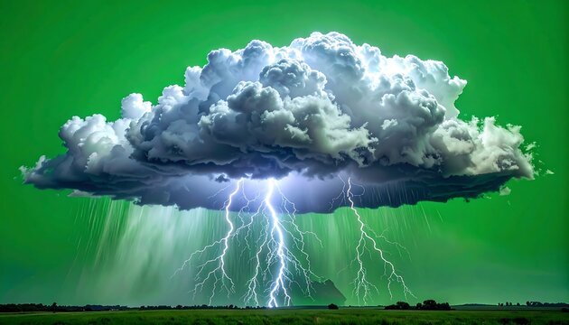Dramatic view of an ominous storm cloud, illuminated by multiple lightning strikes, over a field of green. The background is a vibrant green