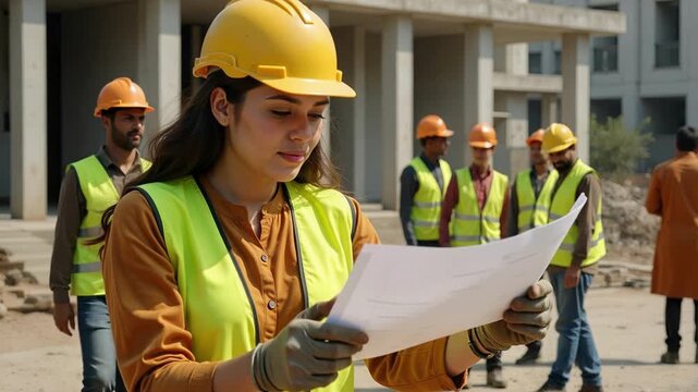 Dynamic leadership in India! Confident female construction worker directs team, ensuring safety and progress on a modern 4k project site.