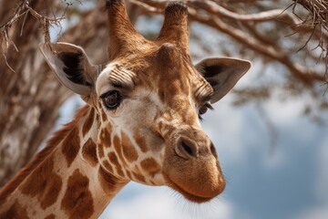 Fototapeta premium Giraffe Giraffa camelopardalis standing gracefully under a tree in the African savanna during midday