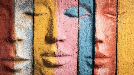 Vertical panels display stylized, colorful carved faces with closed eyes