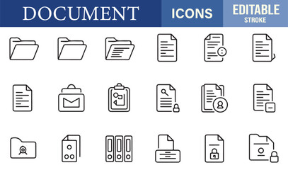 Minimalist editable stroke icons representing paperwork, records, and archives for office vector illustrations.
