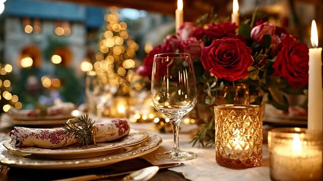 Festive Christmas Table Setting With Beautiful Roses and Glowing Candles in a Cozy Holiday Atmosphere