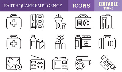Fototapeta premium Line art vector icons of earthquake relief and rescue essentials for safety, survival, and aid illustrations.