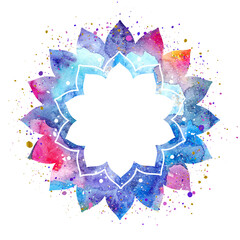 Bright colorful multicolored ethnic east asian frame, mandala, chakra, lotus flower silhouette painted watercolor with paint splatter and drops. Hand drawn illustration with cosmic space texture.