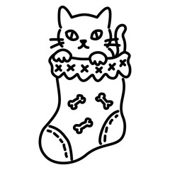 Cute Gothic Cat in Christmas Stocking Line Art Illustration Kawaii Spooky Holiday Character Cozy Stocking Doodle for Coloring Pages Stickers and Craft Designs