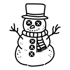 Kawaii Gothic Snowman Line Art Illustration Cute Spooky Christmas Character Winter Holiday Doodle for Coloring Pages Stickers and Craft Designs