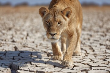 Obraz premium Lioness walking on cracked earth in drought conditions
