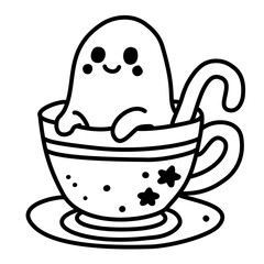 Adorable Ghost in Teacup Line Art Illustration Kawaii Gothic Christmas Character Spooky Cute Hot Cocoa Holiday Doodle for Coloring Pages Stickers and Craft Projects