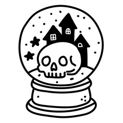 Cute Gothic Skull Snow Globe Line Art Illustration Kawaii Spooky Christmas Decoration Haunted House Winter Scene Doodle for Coloring Pages Stickers and Crafts