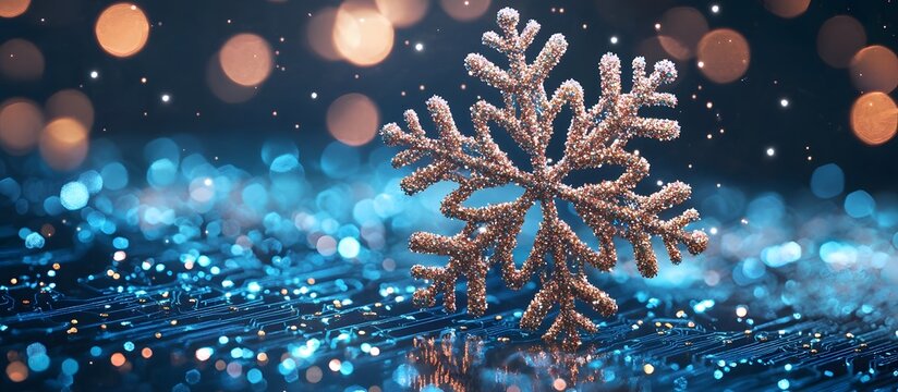 Microchip board framed in a snowflake on a blue background. Technology concept and evokes a festive atmosphere of Happy New Year and Merry Christmas.