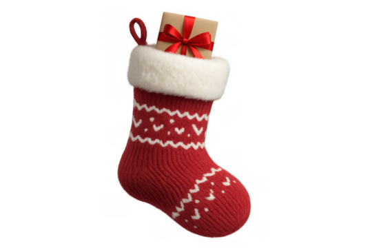 Red christmas stocking with white pattern holding a gift box and red ribbon, transparent background - Powered by Adobe