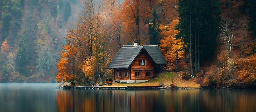 Cozy lakeside house in an autumn landscape