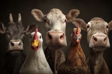 Funny group of realistic farm animals posing together in a humorous arrangement during a bright, sunny day on a lively farm in rural countryside