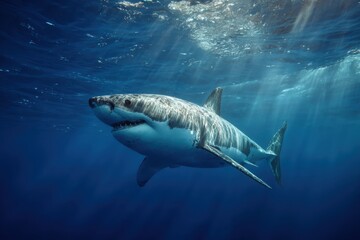 Fototapeta premium Great white shark gliding gracefully through the deep blue ocean depths in search of prey during a sunny midday underwater exploration