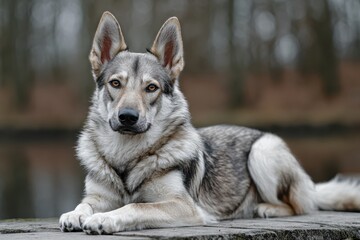 Naklejka premium Portrait of a beautiful dog resting on a stone surface near a calm water body in a serene and natural environment during overcast daylight