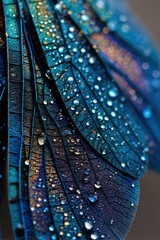 Naklejka premium Detailed macro shot of a dragonfly's wings with sparkling water droplets, showcasing intricate patterns and textures