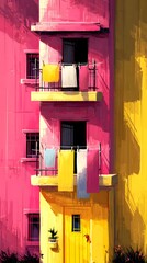 color street scene featuring pastel pink and yellow buildings with bright laundry hanging across balconies