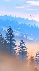 background with hand painted mountain silhouettes fading into misty sunrise gradient sky