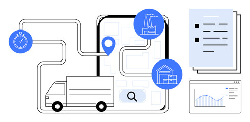 Delivery truck on a route with pinpoint icon, stopwatch, factory, warehouse, report, and analytics. Ideal for logistics, transport, delivery time management optimization business supply chain
