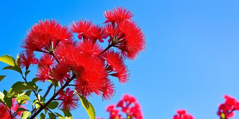 Vibrant crimson pohutukawa blossoms bloom against a clear blue sky,  nature,  iconic