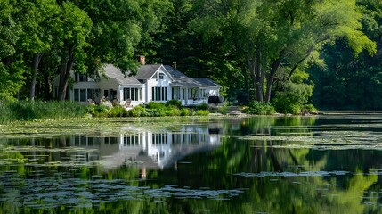 Fototapeta premium Serene white dwelling nestled beside lush waterfront foliage reflecting upon calm water